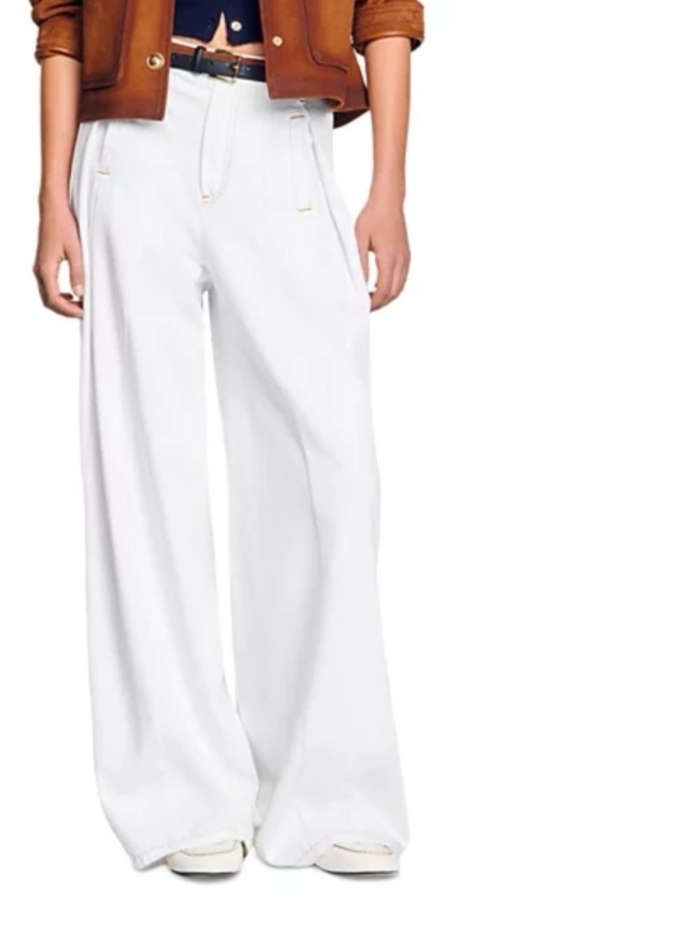 Sandro Everly Pleated Wide Leg Jeans Pants White size 36 FR 4 US